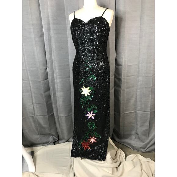 Vintage 70s Custom Black Sequin Gown w/Floral Embellishments Sz 10-12 - Picture 1 of 10